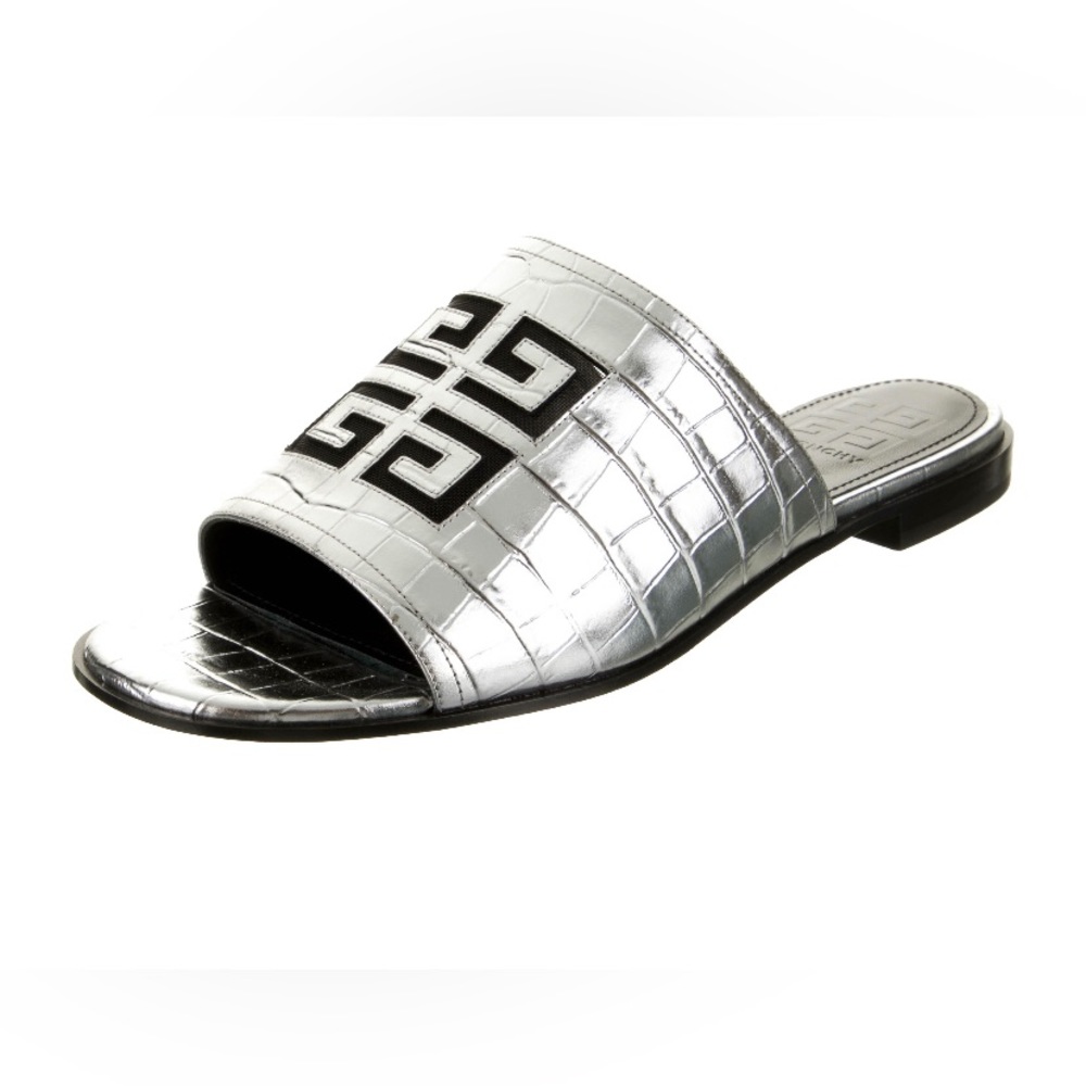 NWOT Givenchy 4G croc-embossed silver flat slides. Price firm.